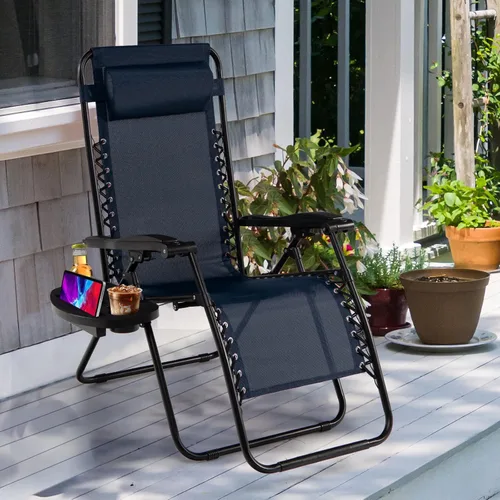 Miniatura 9 de Goplus Sillas de salón Zero Gravity, reclinables plegables ajustables en 160° con almohada y soporte para tazas, cómodas sillas de descanso de 350