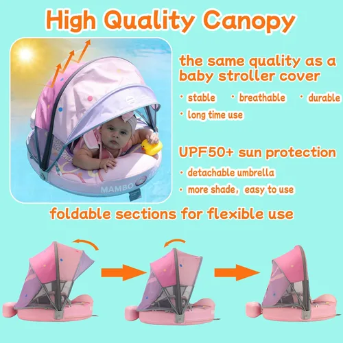 Miniatura 4 de Mambobaby Flotador con Toldo y Cola Nuevo Mejorado Flotador de Piscina No Inflable para Bebé Flotador de Natación Mambo Entrenador de Natación Rosa