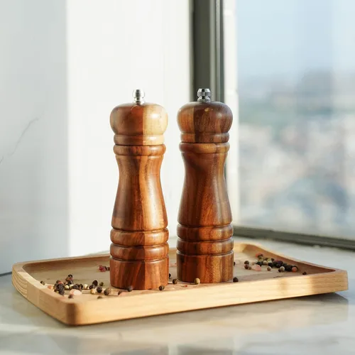 Miniatura 2 de Juego de molinillo de sal y pimienta, juego de 2 molinillo de sal y pimienta con molinillo de cerámica, madera de acacia, altura de 6.5 in