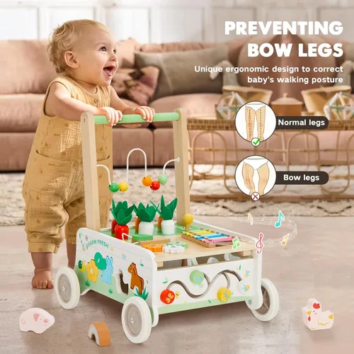 Miniatura 2 de Andador de madera para bebés, caminador de empuje para bebés, caminador de bebé de velocidad ajustable con rueda, centro de actividades para niños
