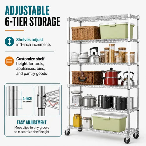 Miniatura 4 de Estantería metálica de almacenamiento de 6 niveles de 208.8 cm x 121.92 x 45.72 cm, con ruedas, resistente estante con capa de acero, cromado