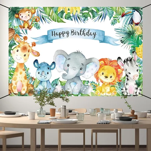 Miniatura 5 de Renaiss Cartel de feliz cumpleaños de 6 x 3.6 pies, decoración de fiesta infantil de animales salvajes de safari, selva tropical, decoración