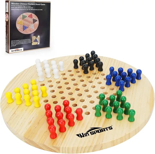 Win SPORTS Tablero de damas chinas, juego de estrategia clásico y diversión para toda la familia, incluye 60 clavijas de madera en 6 colores, hechas