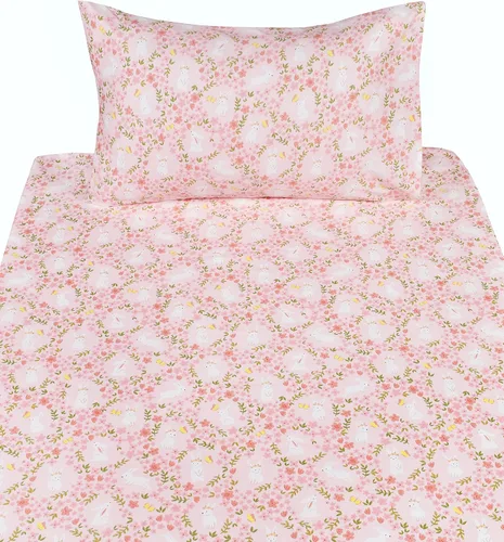 Miniatura 3 de Scientific Sleep Juego de sábanas rosa con flores y conejos de 100% algodón, 3 piezas para cama individual, juego de ropa de cama para niños, bebés