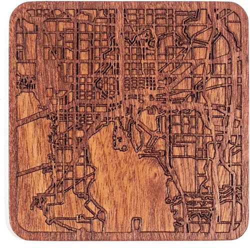 Miniatura 128 de Posavasos Amsterdam Map by O3 Design Studio, 1 pieza, posavasos de madera Sapele con mapa de la ciudad, hecho a mano, varias ciudades opcionales