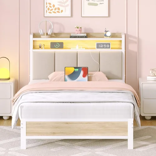 Miniatura 9 de IMMERSTABLE - Base de cama individual con cabecero de almacenamiento, marco de cama de plataforma metálico individual con luces LED y estación