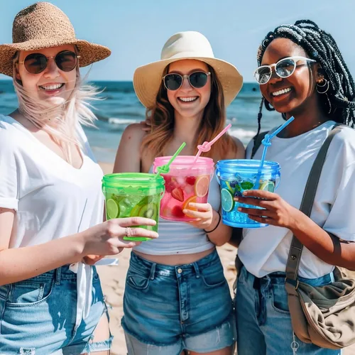 Miniatura 5 de Funnymoom Paquete de 36 cubos de plástico para ron para bebidas con pajita, cubeta de cóctel para helado, con tapas y asas, recipientes de alimentos