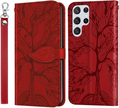 Miniatura 8 de Funda tipo cartera para Samsung Galaxy S22 Ultra 5G, piel sintética de alta calidad con diseño de árbol en relieve [atril] [ranuras para tarjetas]