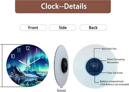 Miniatura 7 de XNM Relojes de Pared de Cristal Verde Azulado Operados con Batería 12 Pulgadas Aurora Relojes de Pared Modernos para Decoración de Sala de Estar