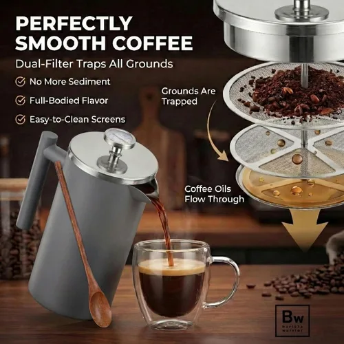 Miniatura 3 de Barista Warrior Prensa francesa con termómetro, prensa de café aislada, cafetera de acero inoxidable (1.0L, 34 onzas líquidas, gris)