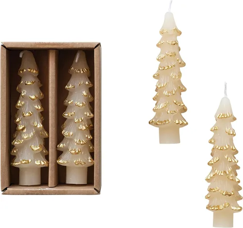 Miniatura 5 de Creative Co-Op Velas cónicas en forma de árbol sin perfume, color beige ponche de huevo, juego de 2 en caja Ponche de huevo beige