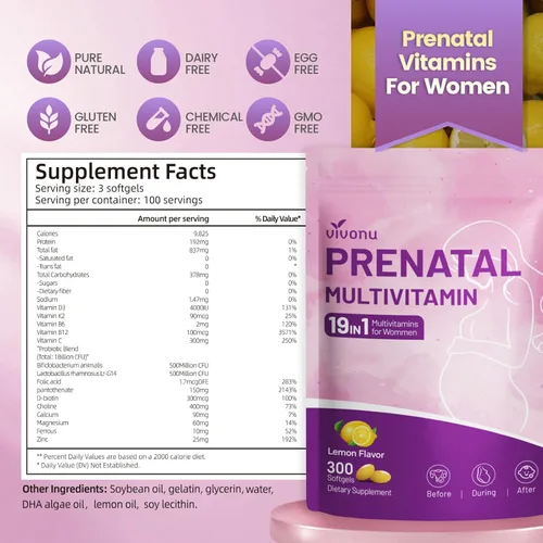 Miniatura 6 de VivoNu Multivitamínico prenatal, vitaminas prenatales con ácido fólico, probiótico, biotina, zinc, vitamina D3, K2, B6, B12, C y más, 300 cápsulas