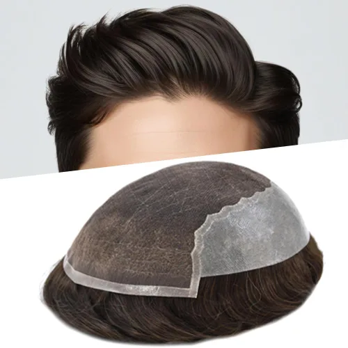 Miniatura 88 de Toupee para hombres pieza de pelo suave suizo encaje real sistema de cabello humano reemplazo blanqueado nudo mens tupé sistema de pelo para hombres
