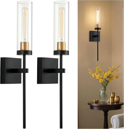 Miniatura 14 de Juego de 2 apliques de pared cableados negros y dorados, modernos apliques de tocador de baño con pantalla de vidrio transparente, luces de montaje