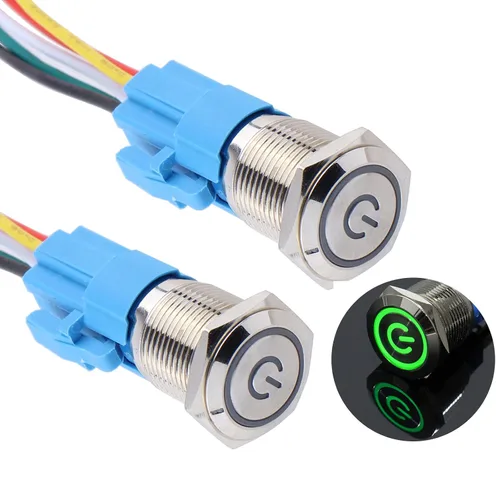 Miniatura 11 de 2 piezas de interruptor de botón de metal de cierre de 16 mm, 12V-24V, encendido/apagado, 1NO 1NC, impermeable, autoblocante, carcasa plateada