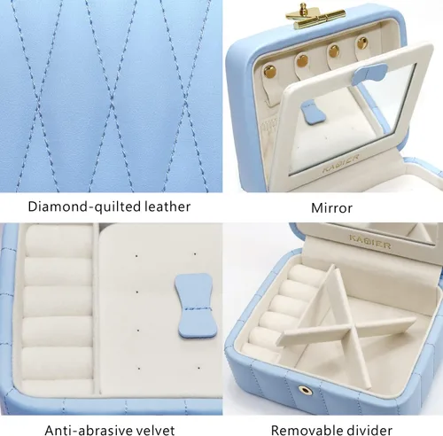 Miniatura 5 de KAMIER Organizador de joyas de viaje, caja organizadora de joyas de viaje de cuero acolchado con diamante, caja de joyería pequeña para mujer