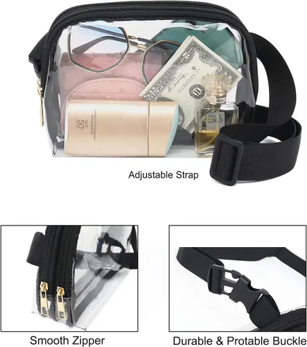 Miniatura 3 de Riñonera transparente para mujer, impermeable, pequeña, transparente, con correa ajustable, bolsa transparente aprobada para estadios, Negro 3