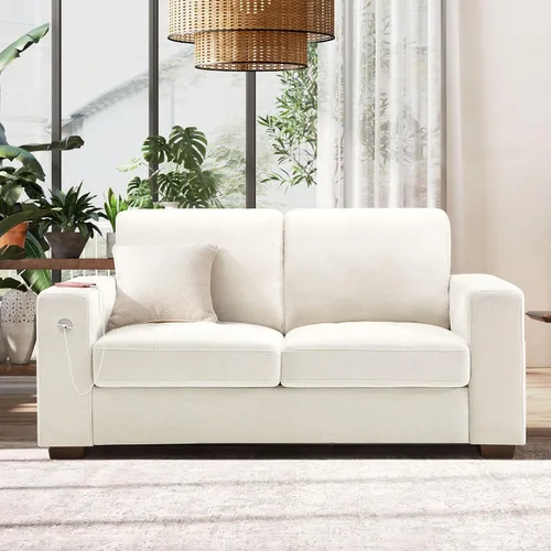 HANHERRY - Sofá biplaza para sala, cómodo, con cojines de firmeza media, funda removible, descansabrazos ancho, puerto USB/Tipo C, tapizado en Beige