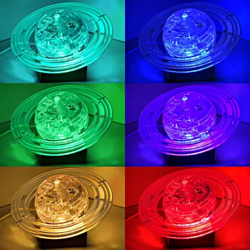 Miniatura 6 de Rompecabezas de cristal 3D, 40 piezas Saturno Ensamblaje Brain Teaser con base de madera iluminada, bloques de rompecabezas de Saturno de plástico