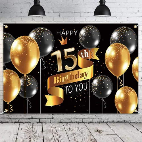 Cartel de fondo de feliz cumpleaños 15 – Suministros de decoración de fiesta de cumpleaños 15 para niños – Oro negro 3.9 x 5.9 pies