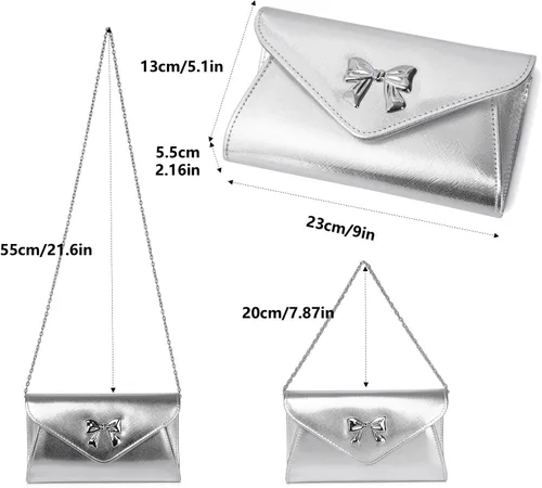 Miniatura 8 de Gurina Bolso de mano de noche con detalle de lazo, elegante bolsa de fiesta de piel sintética brillante con cadena desmontable para boda y baile