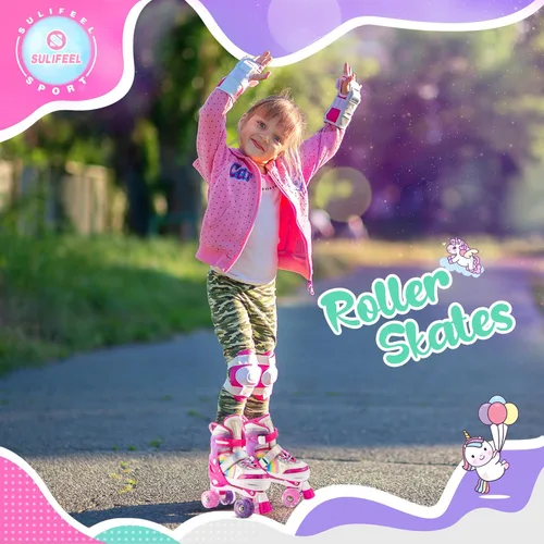 Miniatura 5 de SULIFEEL Rainbow Unicorn - Patines ajustables de 4 tamaños para niñas y niños de 3-5, 5-8, 6-12 años, patines para interiores y exteriores F rosado