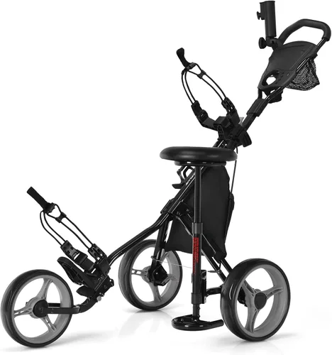 Tangkula Carrito de Golf de Empuje y Tirón con Asiento, Carro Plegable y Colapsable Liviano de 3 Ruedas, Carro de Golf con Freno de Pie, Soporte