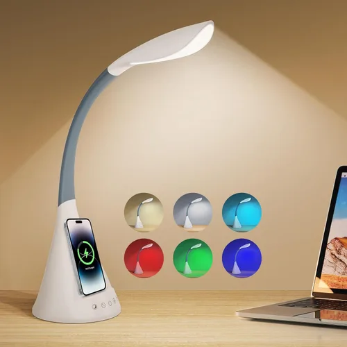 Lámpara de escritorio LED con control táctil y cuello de cisne de 360 grados, 9 modos de iluminación con 5 colores RGB para luz de lectura en casa y