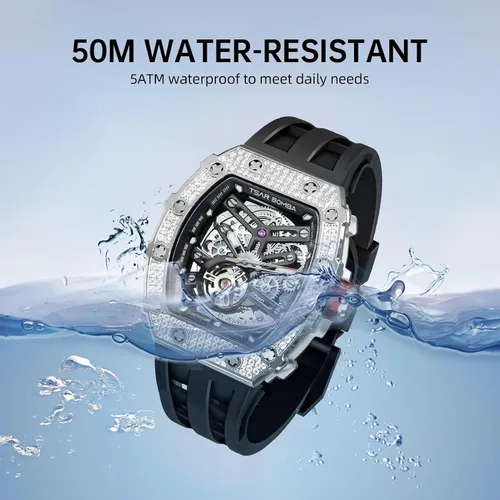 Miniatura 8 de Tonneau - Reloj automático para hombre, reloj de esqueleto de lujo para hombre, mecánico, resistente al agua, analógico, reloj de pulsera