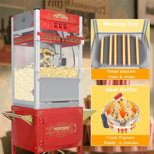 Miniatura 6 de Máquina comercial de palomitas de maíz con carrito y ruedas, máquina para hacer palomitas de maíz con hervidor de acero inoxidable de 24 onzas, Rojo