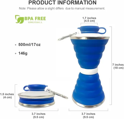 Miniatura 5 de Collapsible Water Bottle, Camping Cup With Carabiner, Reuseable Silicone Foldable Leak Proof Portable Sports Travel Water Bottles For Outdoor, Azul