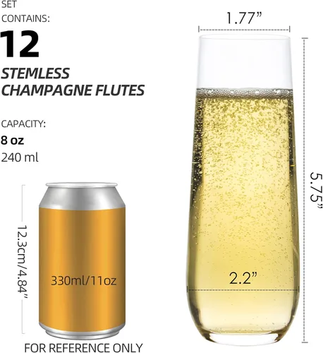 Miniatura 2 de FAWLES Juego de 12 copas de champán sin tallo, cristal de cristal, copas de champán de 8 onzas, juego de vasos Prosecco Mimosa
