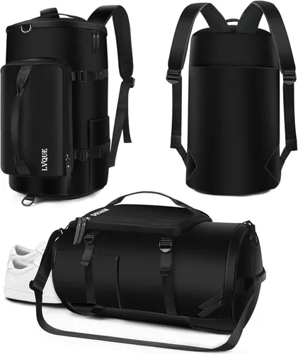 Bolsa de gimnasio para mujeres y hombres, bolsa de lona deportiva, mochila de viaje, bolsa de fin de semana con compartimento para zapatos, Negro -,