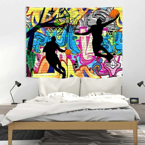 Miniatura 6 de Ine Ive Tapiz deportivo de baloncesto con graffiti nostálgico, póster de pared de arte callejero de 40 x 30 pulgadas para niños, silueta de tiro