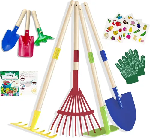 Miniatura 10 de Qtioucp - Juego de herramientas de jardinería para niños, juguetes al aire libre, juego de patio trasero con carretilla, juguetes educativos STEM