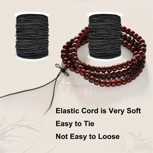 Miniatura 6 de Cuerda elástica para pulseras, 2 rollos de 1 mm de cuerda elástica resistente para hacer joyas, collares, encordado (negro)