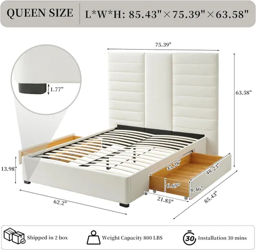 Miniatura 2 de Base de cama Queen de 63.6 pulgadas de alto, base de cama tapizada con 2 cajones de almacenamiento, listones de madera resistentes, sin ruido,