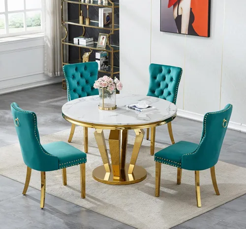 Miniatura 16 de Henf Juego de mesa de comedor redonda de mármol para 6, moderna mesa de comedor de 45 pulgadas con base de acero inoxidable con diseño de diamante