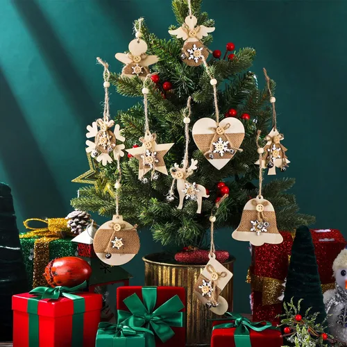 Miniatura 6 de Soaoo - Juego de 20 adornos rústicos de madera de Navidad, adornos de madera de reno, estrella, adornos de madera para árbol de Navidad con campana