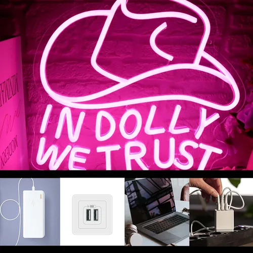 Miniatura 3 de Letrero LED de neón con texto en inglés "In Dolly We Trust", con sombrero de vaquera rosa, arte de pared del oeste de estilo retro campestre