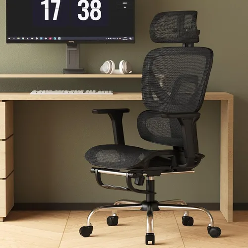 Miniatura 2 de Synorla Silla de oficina ergonómica con reposapiés, silla de escritorio de malla con reclinación de 135°, soporte lumbar ajustable, reposabrazos