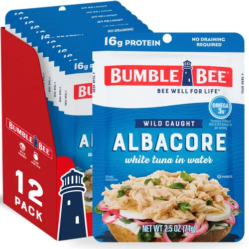 Miniatura 9 de Bumble Bee - Atún blanco de aleta Albacore en agua en sobres de 71 g - Paquete de atún capturado de forma salvaje listo para comer - 16 g