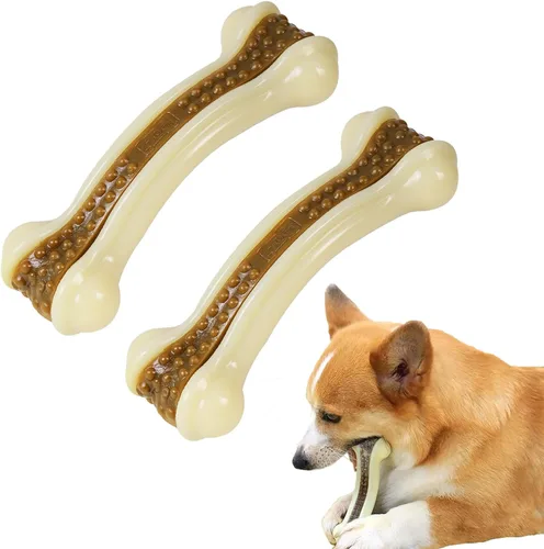 Miniatura 8 de Juguetes para perros para masticadores agresivos, paquete de 2 huesos duraderos de nailon para perros con sabor a carne real para razas grandes