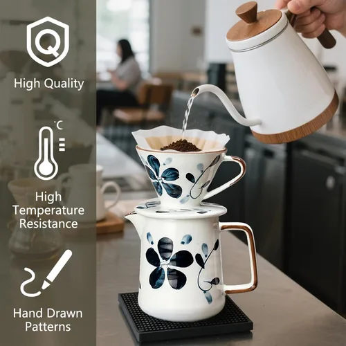 Miniatura 2 de Juego de cafetera de cerámica con un solo agujero, cafetera y 100 filtros de papel para el hogar, viajes, camping (1-2 tazas)