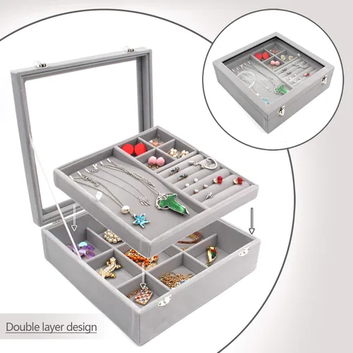 Miniatura 6 de KLOUD City Joyero con tapa de vidrio Caja de joyería de dos capas Organizador Display Storage Case (gris)