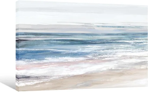 Miniatura 2 de 7Fisionart Abstract Coastal Ocean Beach Wall Art Blue Sea Waves Canvas Print Neutral Pastel Seascape Poster Modern Minimalist Coastal Wall Decor For