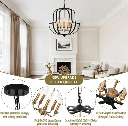 Miniatura 4 de Lámpara de araña negra y dorada de 19" para comedor, lámparas de araña rústicas de granja de 5 luces, luz colgante industrial moderna para cocina