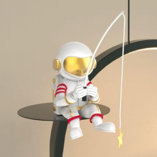 Miniatura 5 de Lámpara colgante de anillo moderno para habitación de niños, lámpara LED colgante con astronauta de resina, mini candelabro redondo para dormitorio