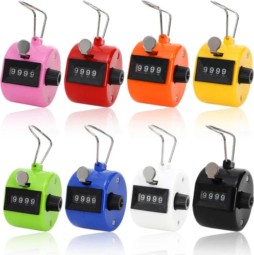 Tebery Paquete de 8 contadores de mano de 4 dígitos mecánico de palma, contador de números de colores surtidos, contador de puntuaciones de