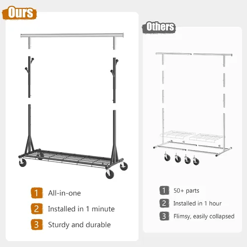 Miniatura 3 de Gewudraw Estante de ropa resistente con carga de 900 libras, estante comercial de doble barra con ruedas y estantes resistentes, estante colgante